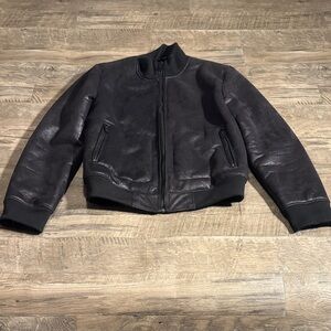 Express Men’s Black Leather-Style Bomber Jacket - Size S